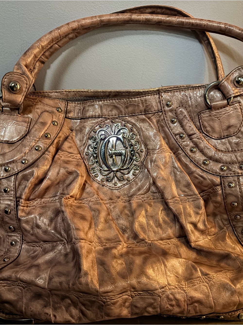 Guess Metallic Bronze Shoulder Bag with Silver-Tone Emblem